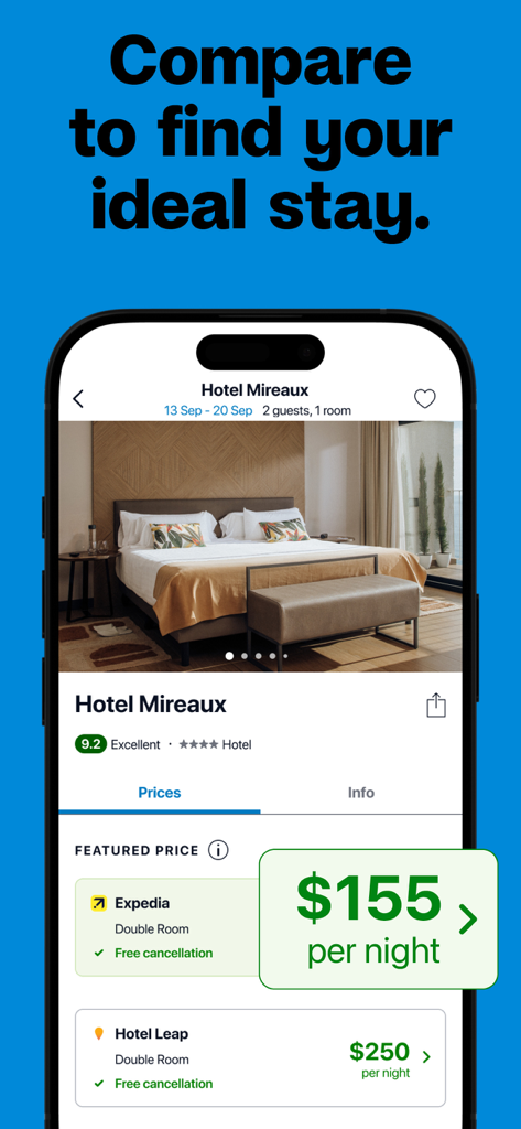 The trivago mobile app interface comparing different booking prices for a hotel room