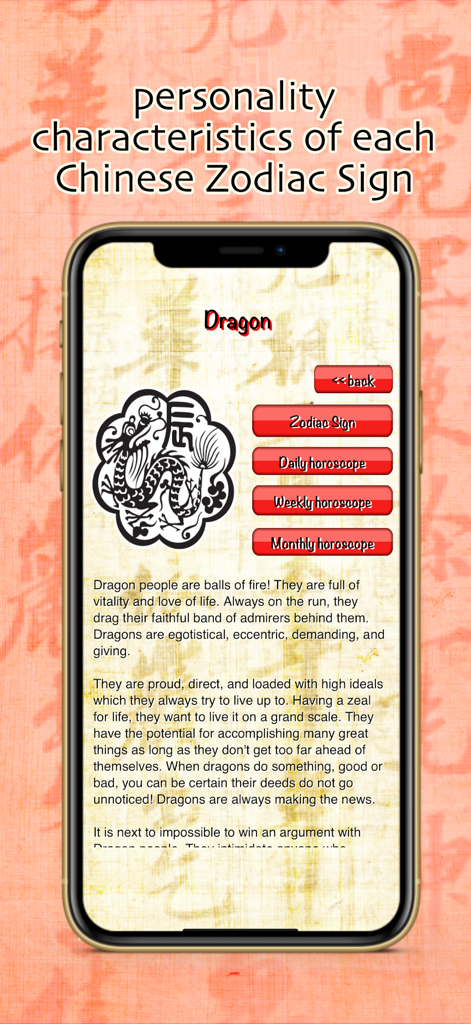 Chinese Horoscope daily weekly - Tela do aplicativo Horóscopo Chinês mostrando os traços de personalidade do signo do Dragão.