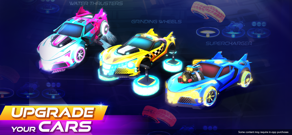 Three neon-colored racing cars with various performance upgrades in Race Craft