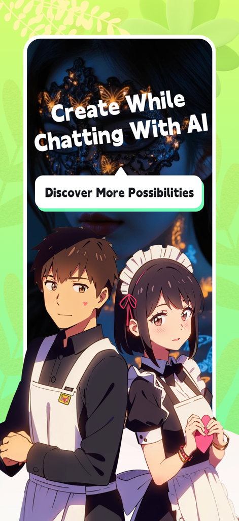 Aikami app screenshot featuring anime characters and text stating Create While Chatting With AI