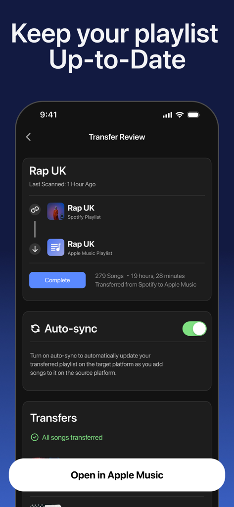 Interface showing a playlist transfer from Spotify to Apple Music with the auto-sync feature enabled.