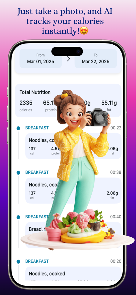 Calo AI - Calorie Counter - Interfaz de la aplicación Calo AI que muestra el registro de calorías a través de fotografía de alimentos