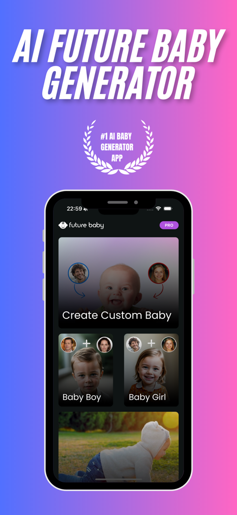 AI Future Baby Generator - Pro - Interface do aplicativo AI Future Baby Generator Pro exibindo opções para criar previsões personalizadas de bebês