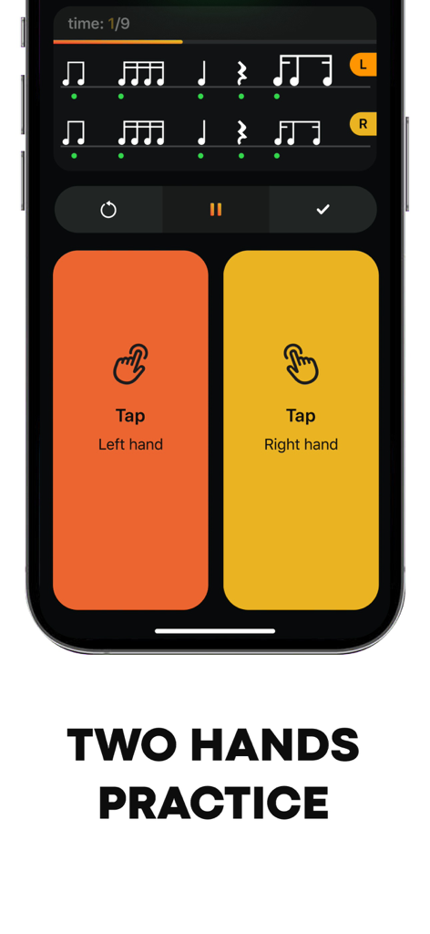 Rhythm Trainer - Ear Training - Rhythm Trainer app interface showing the two hands practice feature with left and right hand tap buttons