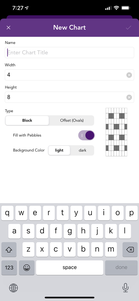 Interface for setting up a new weaving chart including dimensions and pattern type
