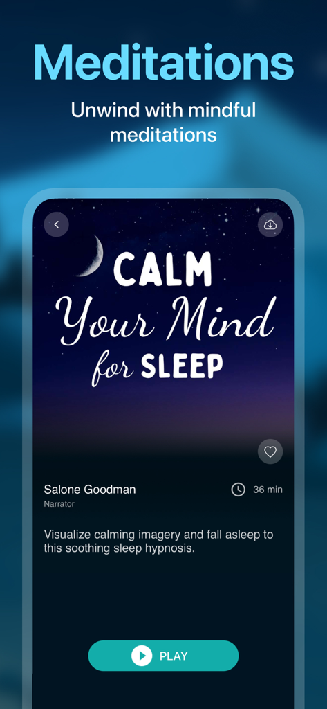 Slumber－Calm Stories for Sleep - Slumber App-Oberfläche mit einer Schlafmeditation mit dem Titel „Beruhigen Sie Ihren Geist zum Schlafen“ vor einem Sternenhimmel-Hintergrund