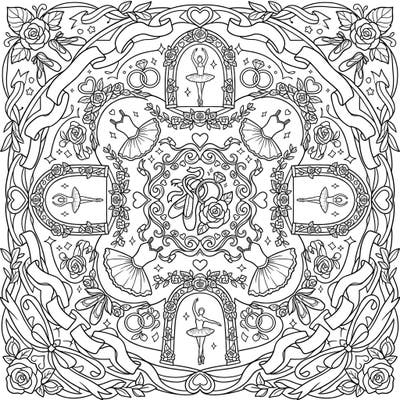 Discover a breathtaking coloring page that harmoniously blends the timeless elegance of ballet with the joyous celebration of a wedding. This intricate design is presented as a beautiful radial mandala, inviting you to add your personal touch of color and creativity.