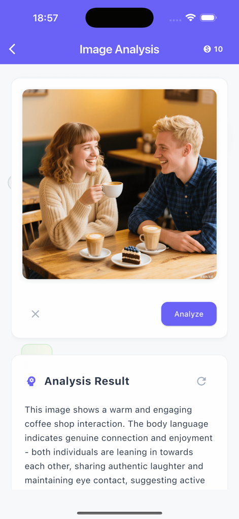 AI analysis of body language and social cues in a coffee shop photo within the Meko Fun Chat app