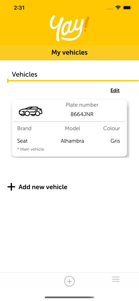 La pantalla Mis Vehículos en la app de aparcacoches ¡Yay! mostrando un coche registrado.