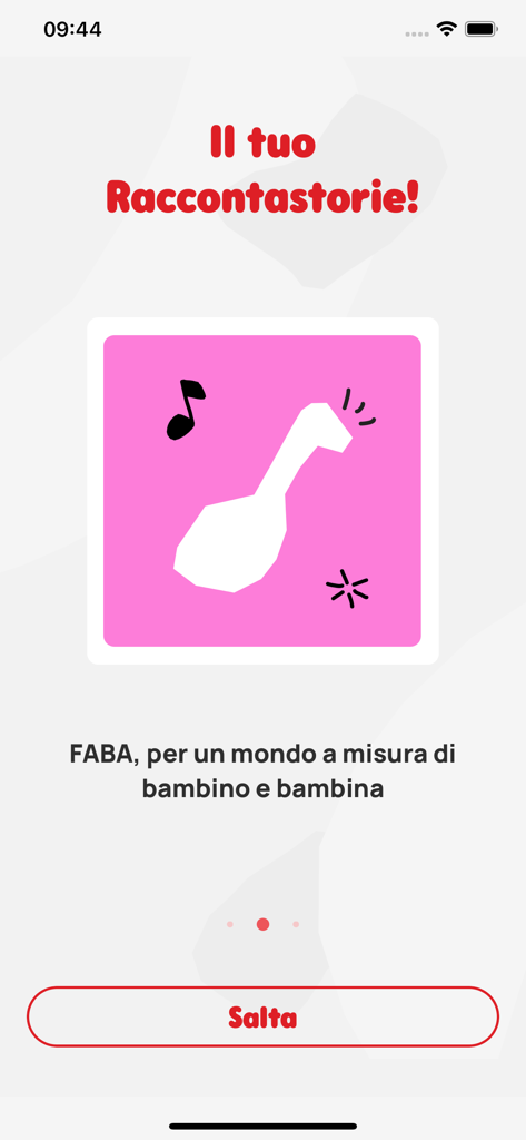 Introductory screen of the MyFaba app with the Italian text Il tuo Raccontastorie and a pink illustration of a musical sound character.