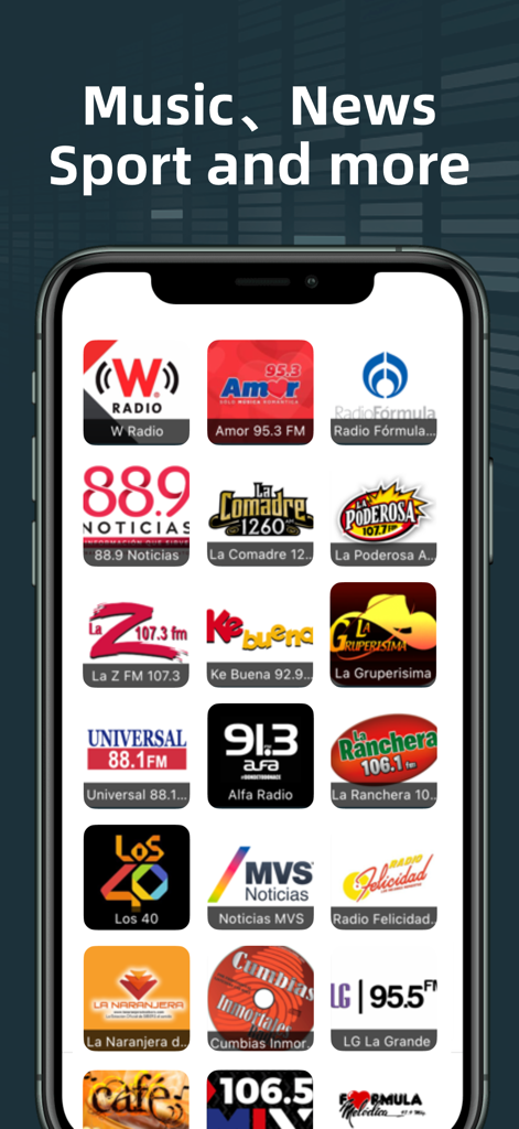 Tela do aplicativo Sintonizador de Rádio FM exibindo vários ícones de estações de rádio ao vivo para notícias de música e esportes