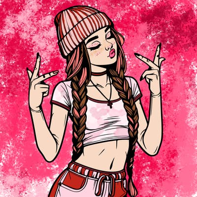 realistic teenage girl with braids and a beanie and crop top doing 🫶🏼