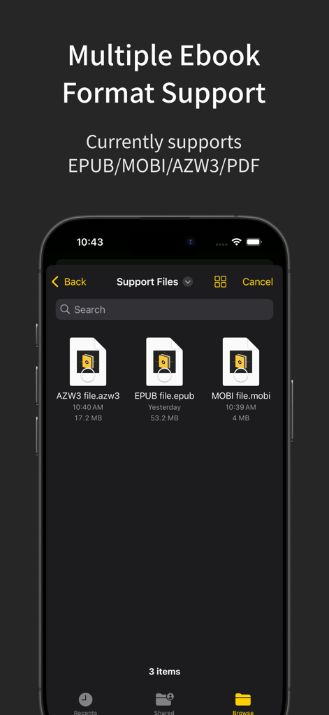 A smartphone screen showing the Comic and Manga app interface highlighting support for various ebook formats like EPUB MOBI and AZW3.