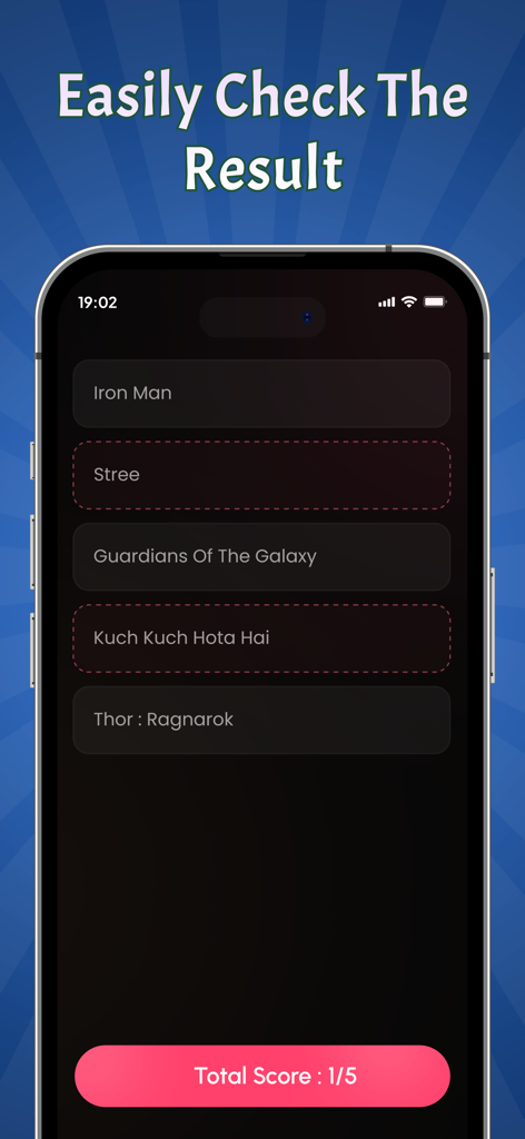 A mobile screenshot of the Charades app showing game results and a total score of one out of five