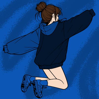realistic girl jumping with a bun and oversized sweatshirt