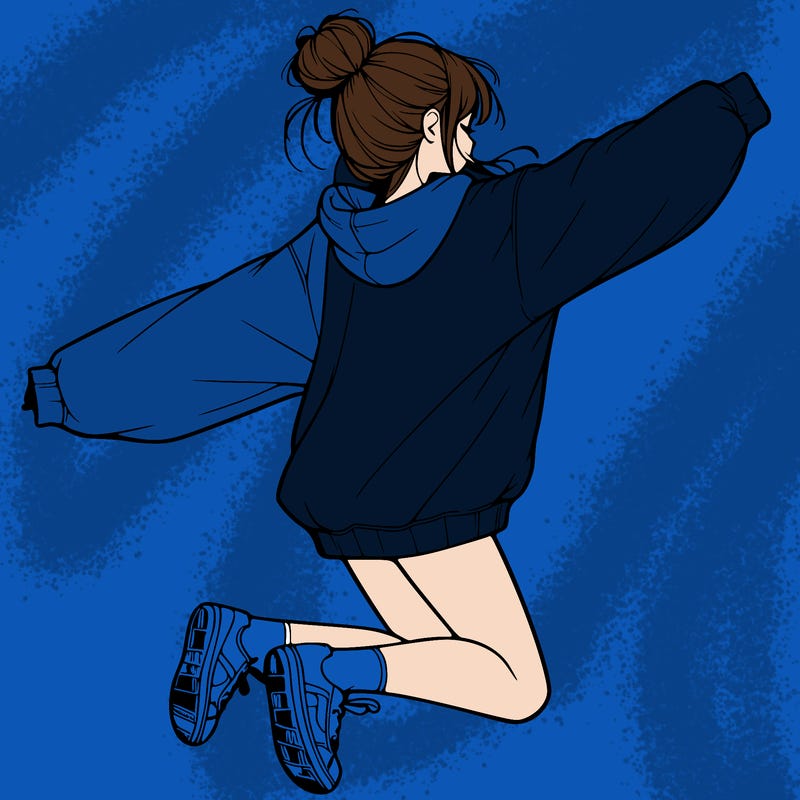realistic girl jumping with a bun and oversized sweatshirt