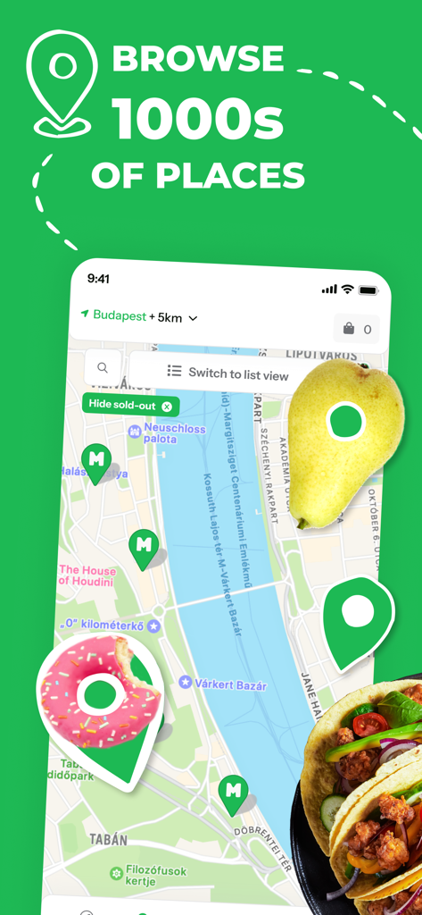 Munch: Save tasty food! - Interfaz de mapa móvil de la aplicación Munch que muestra miles de ubicaciones de comida y pines de comida excedente