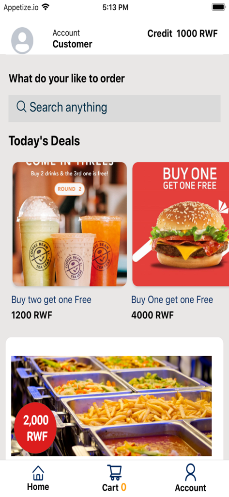 Pana Food - The Pana Food app home screen displaying daily deals for beverages and food items with local currency prices.