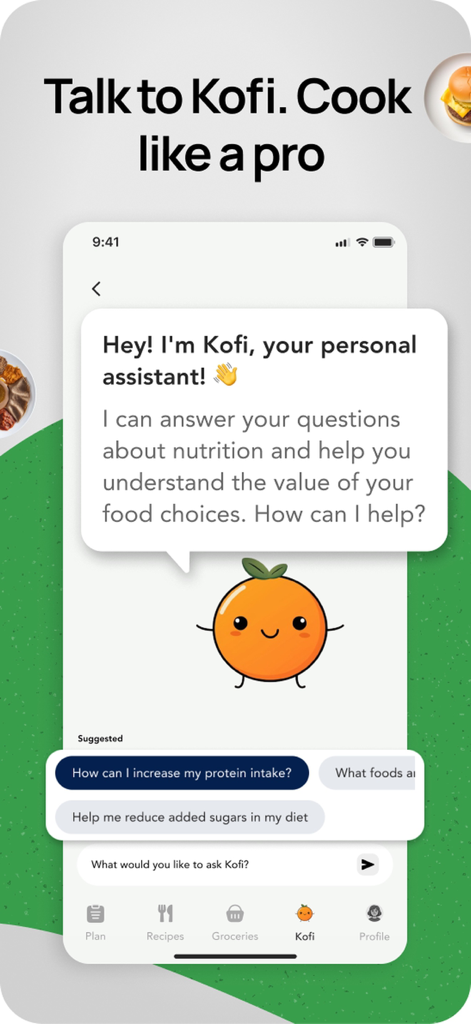 MealMatch AI: Meal Planner - Screenshot of MealMatch AI app showing Kofi the AI assistant providing personalized nutrition and healthy cooking advice.