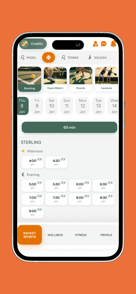 Interface do aplicativo móvel Sterling Sport and Wellness mostrando horários disponíveis para reserva de uma quadra de padel.