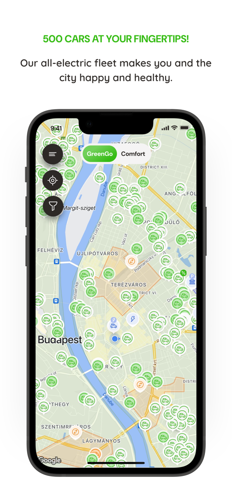GreenGo - GreenGo app interface showing a city map with available electric cars