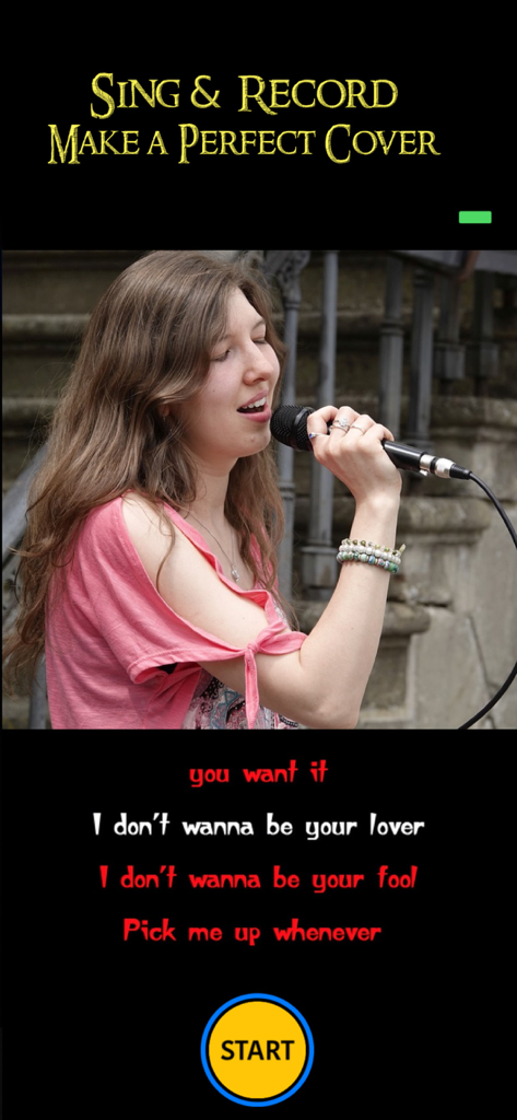 A woman singing into a microphone with lyrics displayed on a mobile karaoke app screen