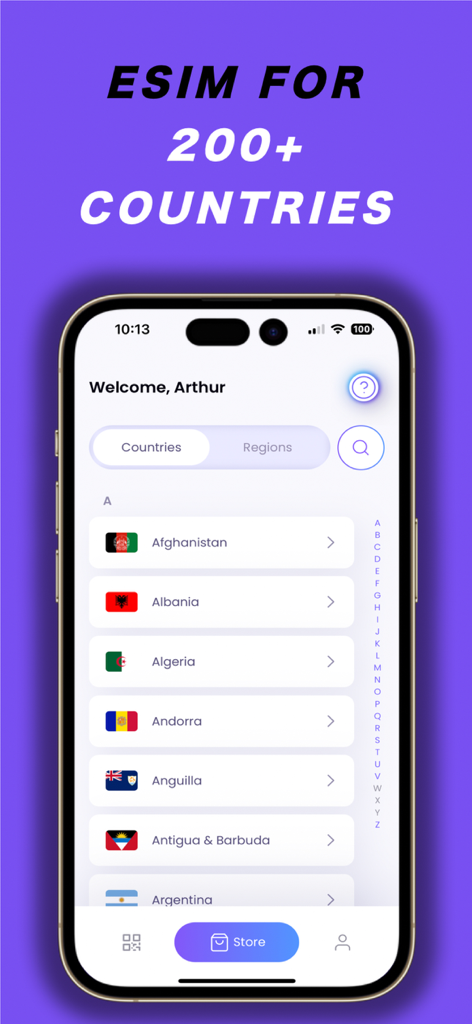 Interface do aplicativo SimOptions mostrando uma lista de mais de 200 países disponíveis para planos de dados eSIM de viagens internacionais