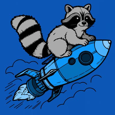 realistic raccoon flying on top rocket ship