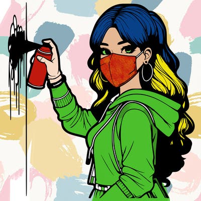 realistic girl with mask spray painting a wall