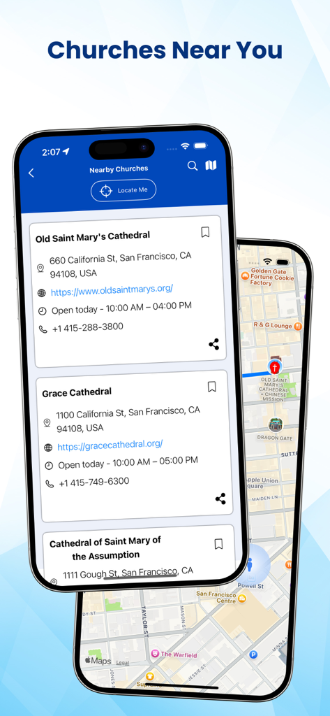 Mobile app interface displaying a list and map of nearby churches.