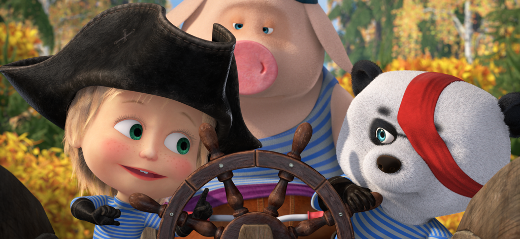 Masha, Panda, Pig가 나무 배의 조타 장치에서 해적으로 분장함