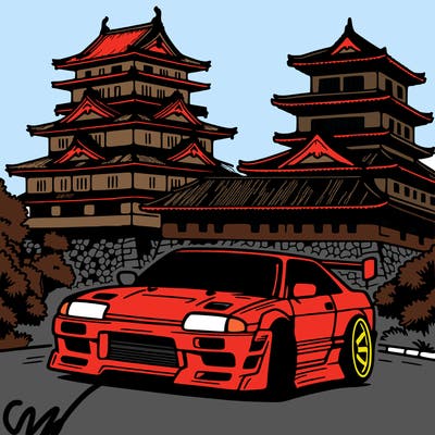 jdm car next to japanese castle