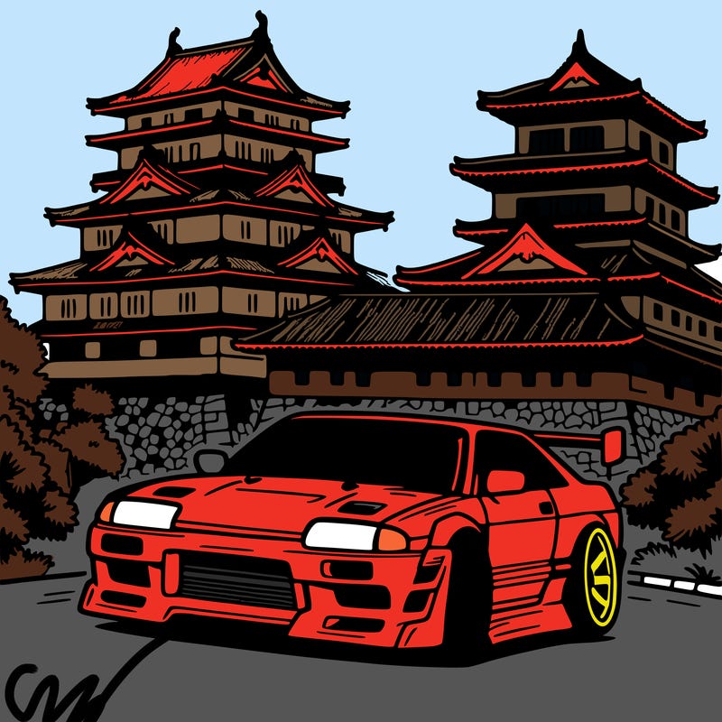 jdm car next to japanese castle