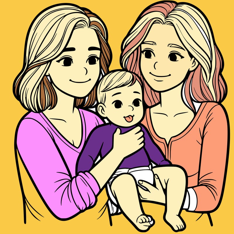 two realistic women holding one baby together