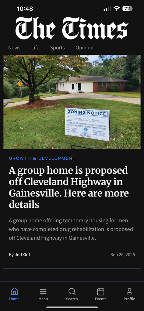 Gainesville Times - Screenshot of the Gainesville Times app displaying a local news story about a zoning notice for a proposed group home on Cleveland Highway.