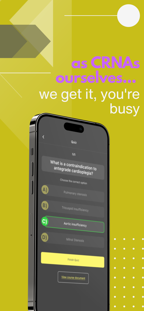 Core Anesthesia mobile app quiz interface showing a board review question for nurse anesthetists