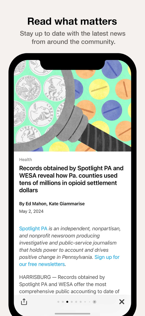 Screenshot of a Spotlight PA investigative news article about Pennsylvania opioid settlement funds