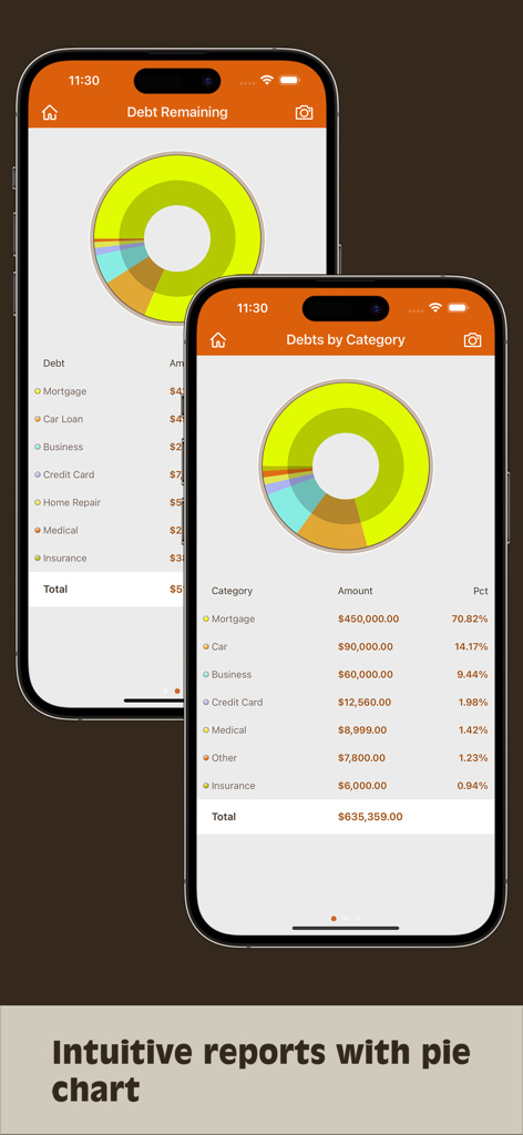Debts Monitor - iPhone screens displaying debt reports with colorful pie charts and category breakdowns