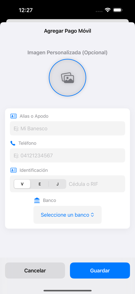 Dolar Al Dia Venezuela - Registrierungsformular für mobile Zahlungsdaten in der App Dolar Al Dia Venezuela