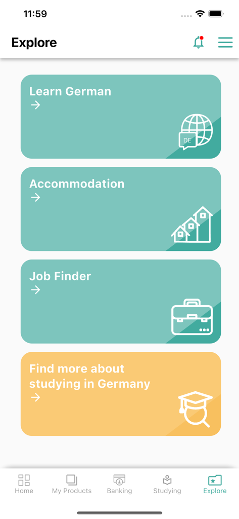 Expatrio - Study in Germany - Expatrio app explore screen with options for German language learning accommodation and job finding