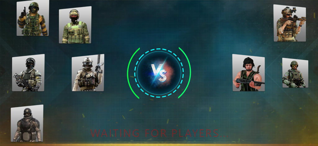 Sniper Pure Team Swat Games - A matchmaking screen in Sniper Pure Team Swat Games showing various tactical soldier characters and a waiting for players message