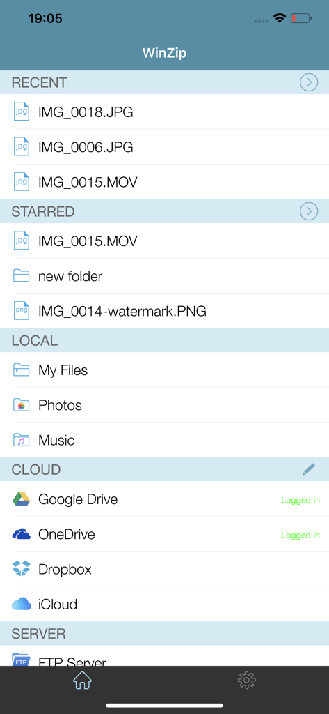 Interfaz de la aplicación WinZip Pro que muestra archivos recientes e integración de almacenamiento en la nube en iPhone
