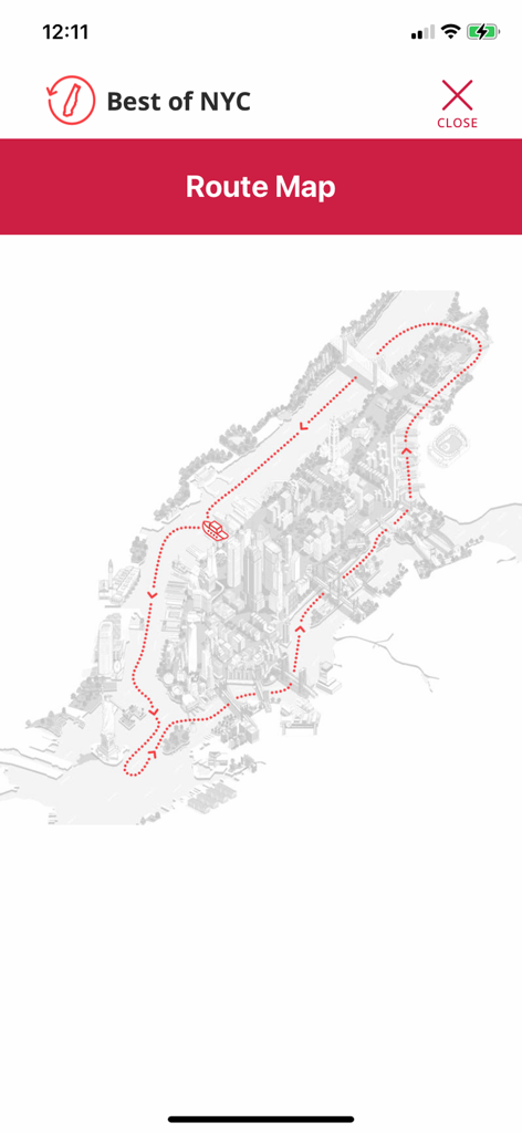 Un mapa digital de ruta para el tour en barco Best of NYC que muestra el recorrido del crucero alrededor de la isla de Manhattan.