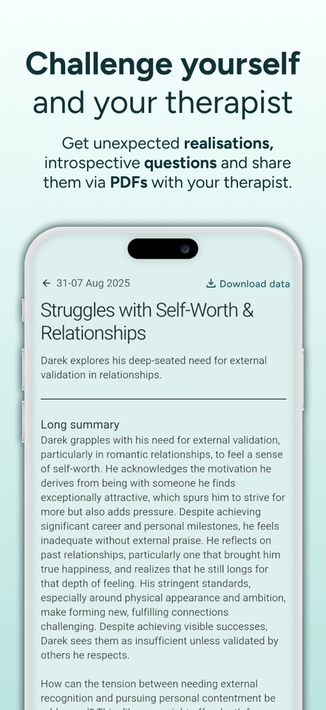MindSync - Therapy Journal - Pantalla de la aplicación MindSync que muestra un resumen detallado de la sesión de terapia con opción de descarga en PDF.