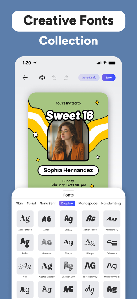 Birthday Invitation Maker ° - Mobile app interface showing a creative fonts collection for designing a Sweet 16 birthday invitation.