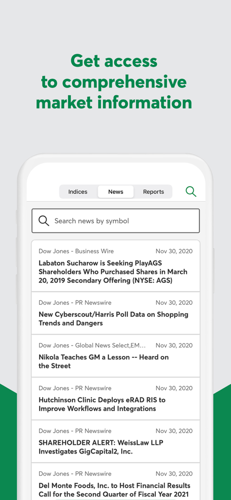 Disnat app screen displaying financial news headlines and market information search.