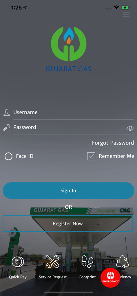 Login screen of the Gujarat Gas mobile app featuring username and password input fields and a sign-in button