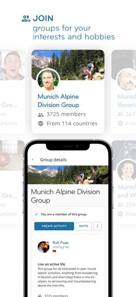 InterNations - InterNations-App-Oberfläche mit verschiedenen Expat-Gruppen und interessenbasierten Communities für internationale Fachkräfte