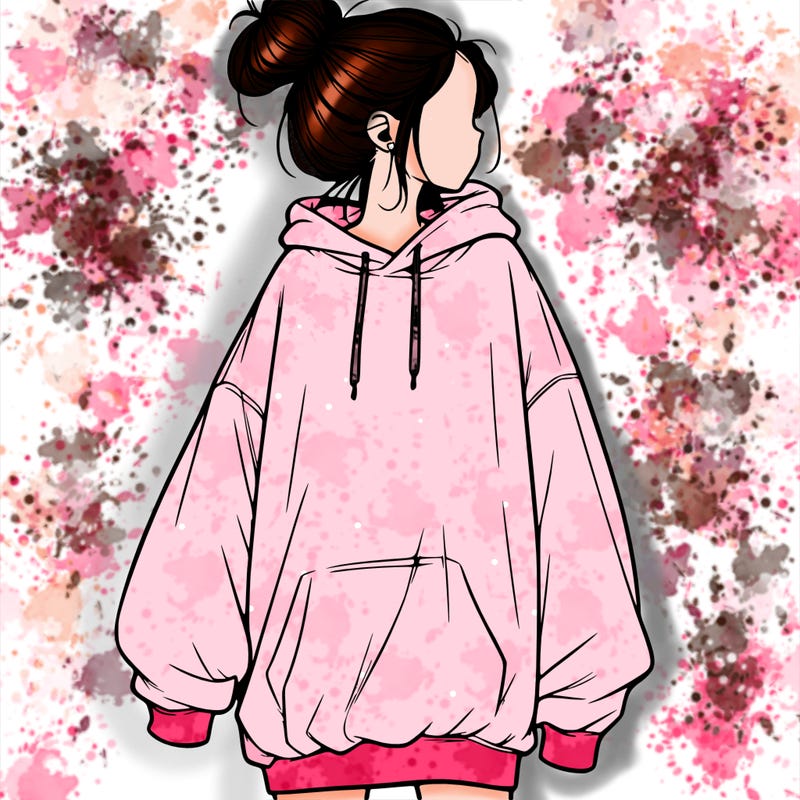 realistic girl with a oversized sweatshirt on and a bun