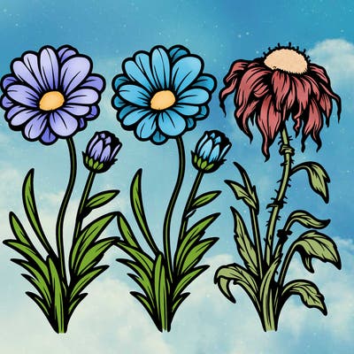 three realistic flowers next to each other but the one on the right is dead